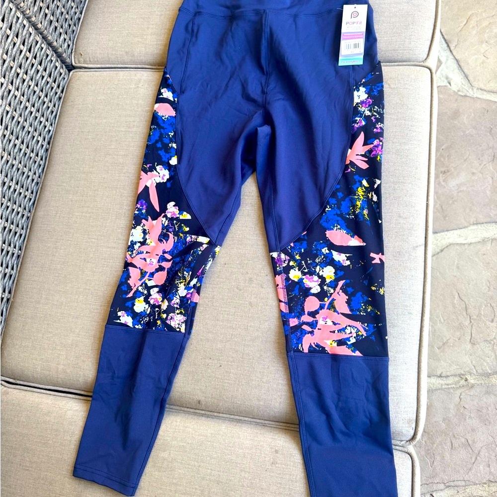 POP Fit, Leggings, Navy with Pink and Blue Floral Design, Size XL